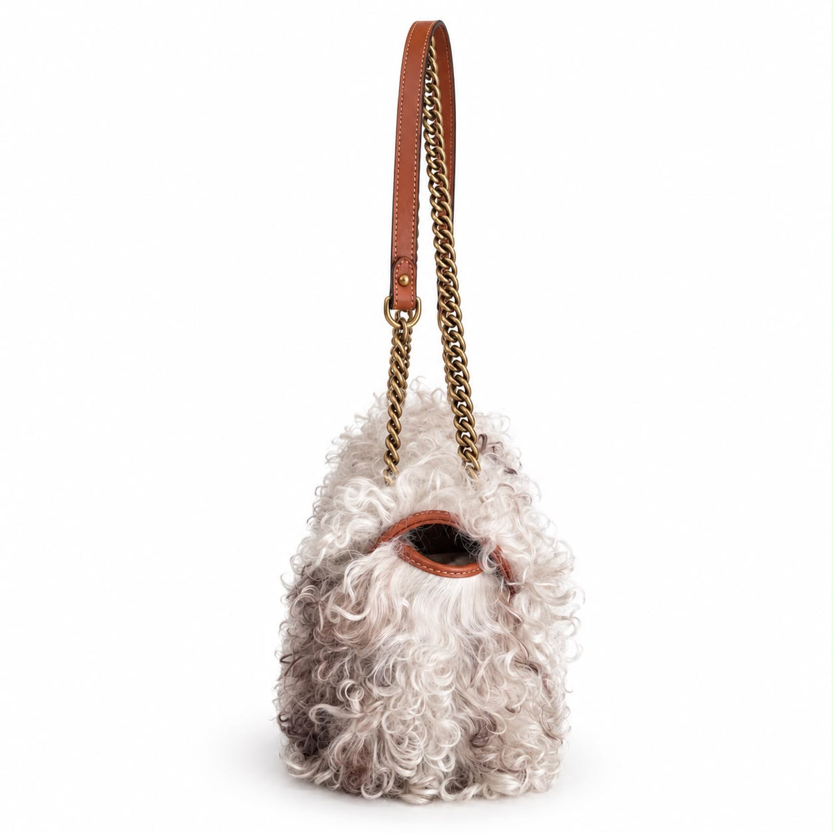 GUCCI - SHOULDER BAG GG MARMONT CURLY SHEARLING IN IVORY & TAUPE WITH ANTIQUE GOLD HARDWARE