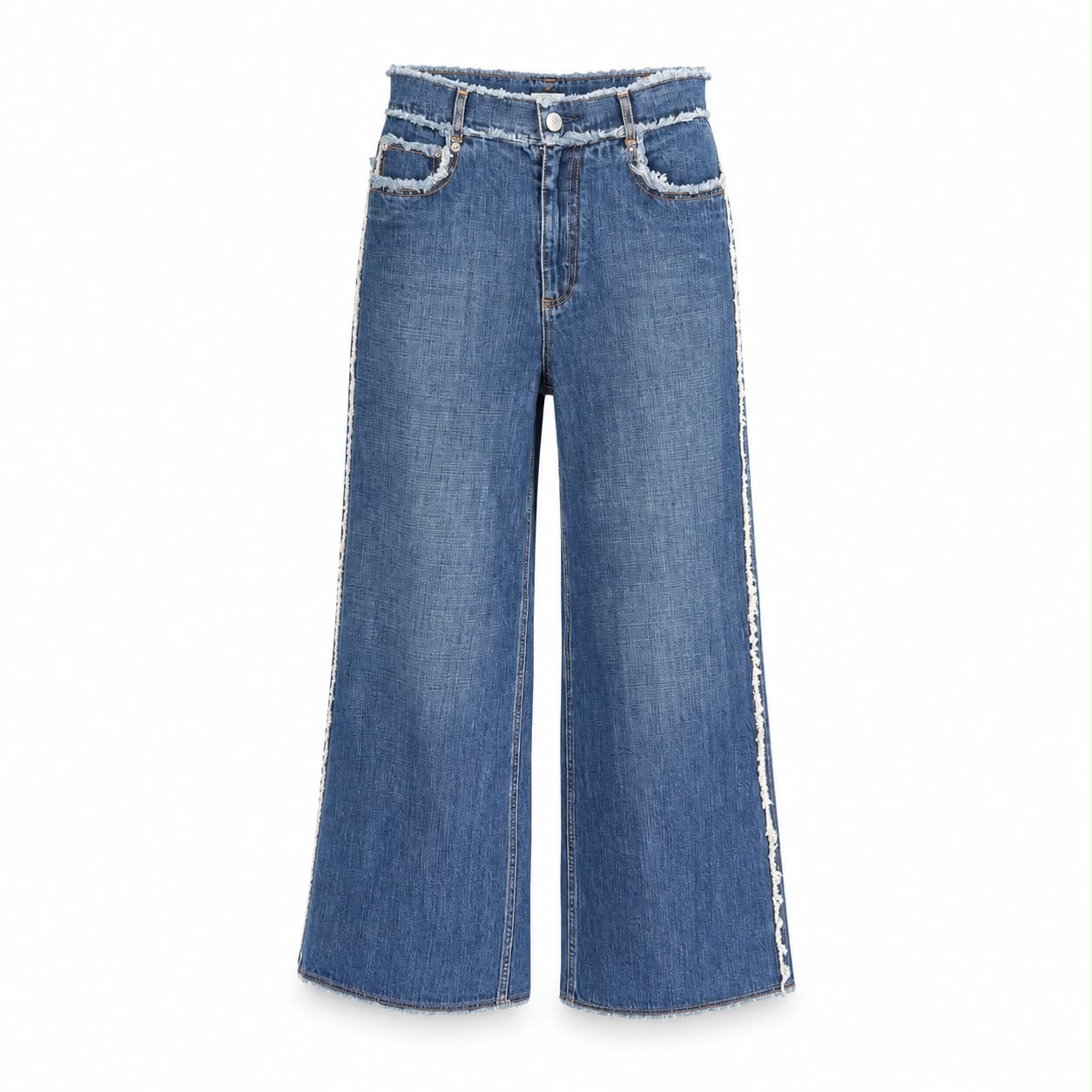 DIOR - JEANS BLUE HIGH-WAISTED WIDE-LEG WHITE FRINGED TRIM SIZE 36 FR