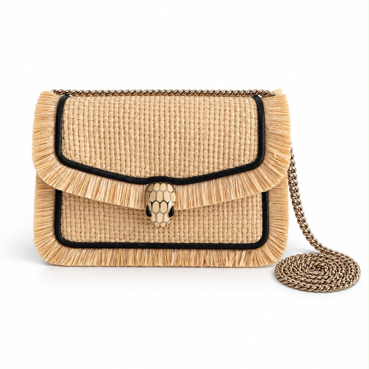 BULGARI - *NEVER WORN* BAG SERPENTI FOREVER MINI IN NATURAL RAFFIA WITH BLACK LEATHER TRIM
