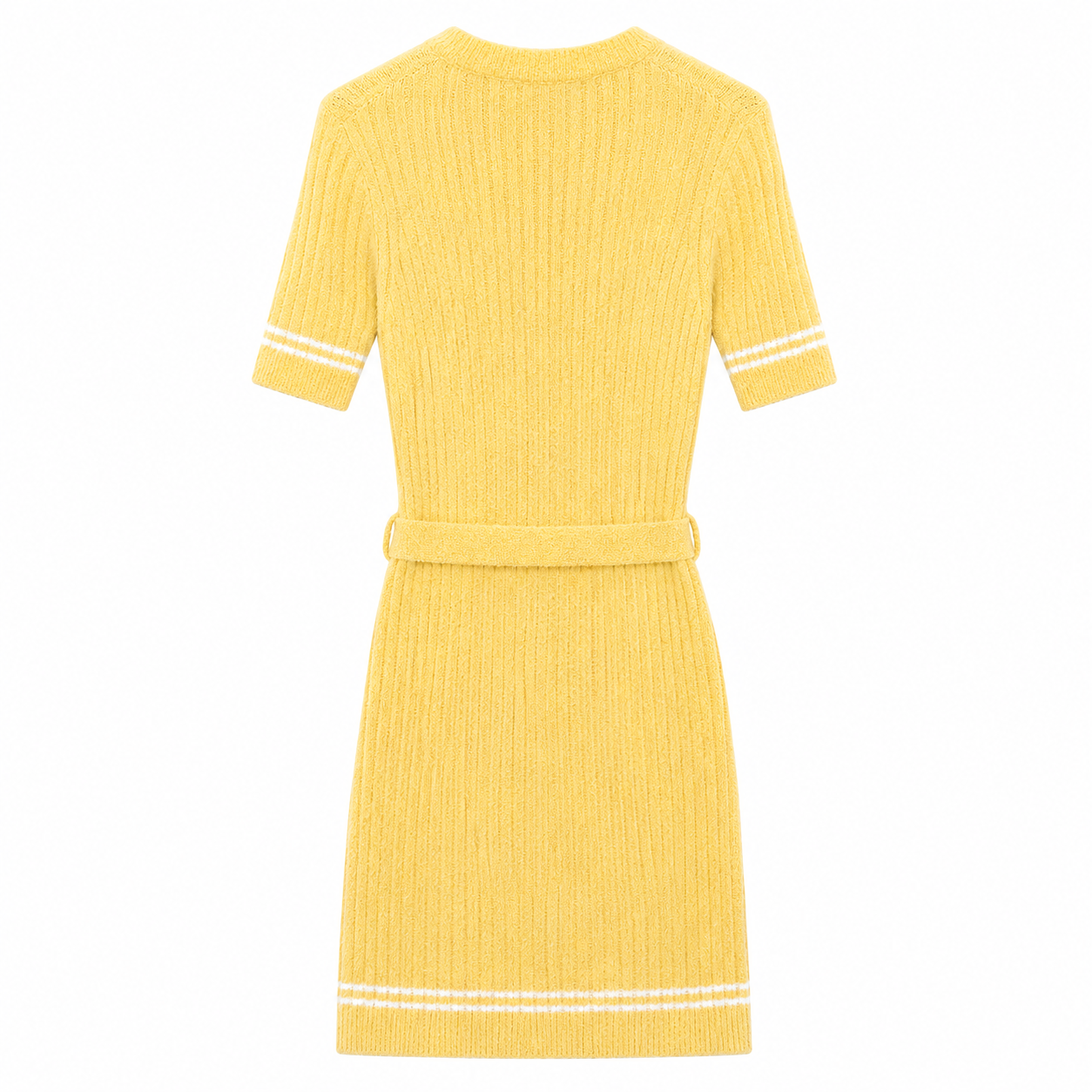 CHANEL - DRESS MIDI BELTED KNIT YELLOW & WHITE SIZE 36 FR
