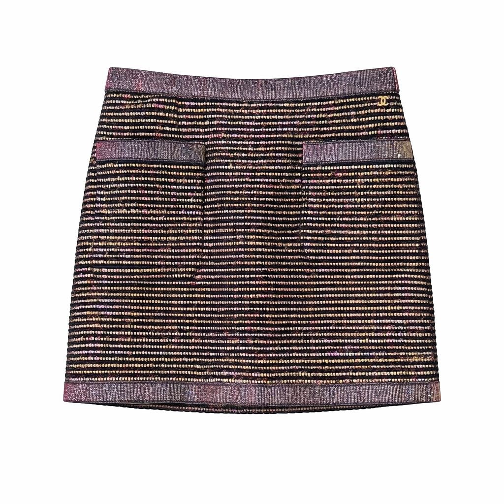 CHANEL – JACKET AND SKIRT SET WITH METALLIC GOLD STRIPES SIZE 34 FR