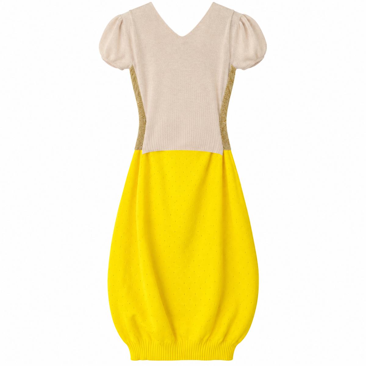 LOUIS VUITTON - DRESS KNIT MIDI V-NECK GOLD CREAM AND YELLOW SIZE S