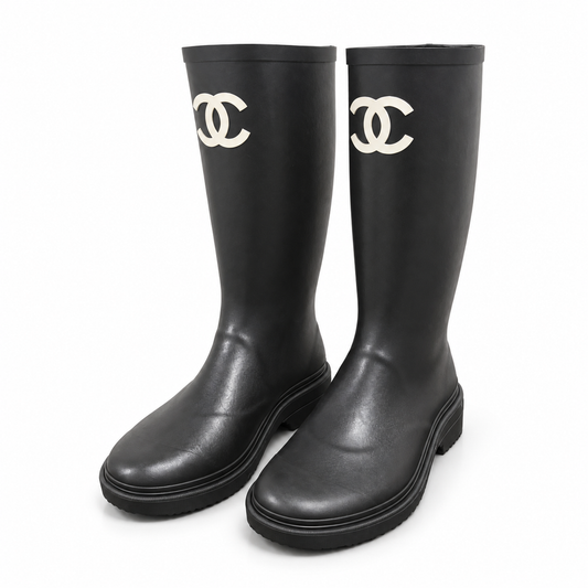 CHANEL - *NEW* HIGH RAINING BOOTS BLACK WITH CC LOGO SIZE 37 EU