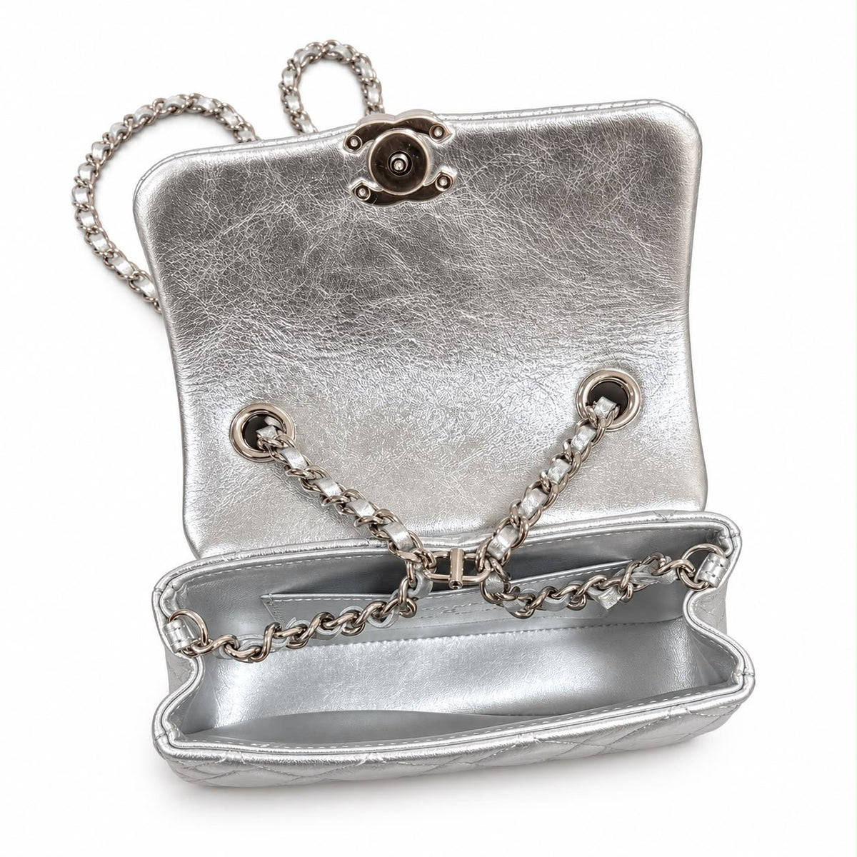 CHANEL - *NEW* BAG CLASSIC FLAP MINI SILVER LAMBSKIN SILVER HARDWARE