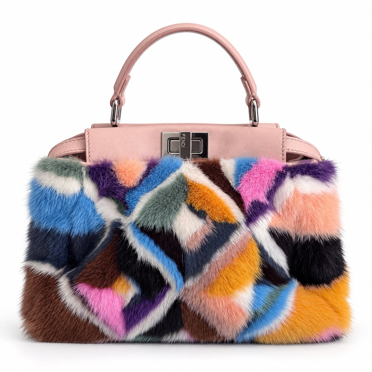 FENDI - BAG PEEKABOO MULTICOLOR PATCHWORK FUR & PINK LEATHER SILVER-TONE HARDWARE