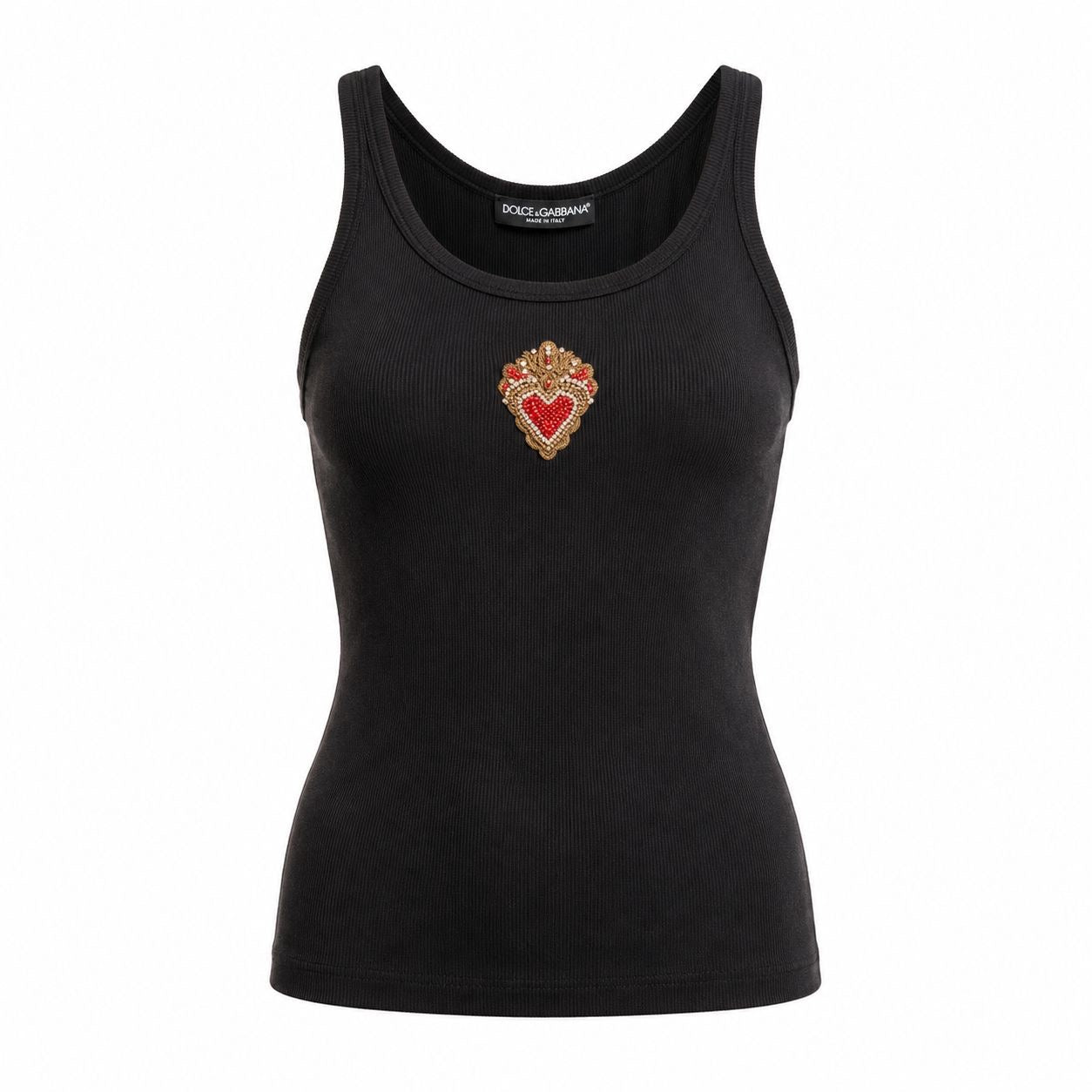 DOLCE & GABBANA - TOP BLACK RIBBED WITH EMBROIDERED HEART SIZE 46 IT