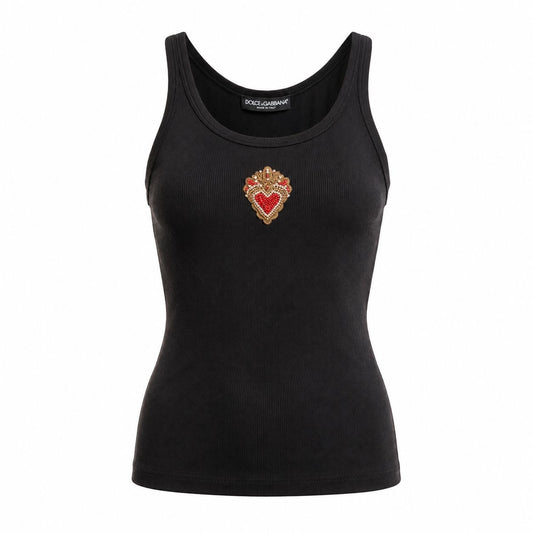 DOLCE & GABBANA - TOP BLACK RIBBED WITH EMBROIDERED HEART SIZE 46 IT