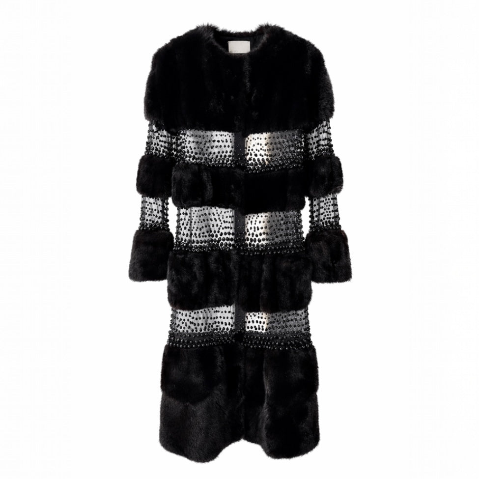 VALENTINO - *RARE* FUR MINK COAT BLACK WITH BEADED INSERT