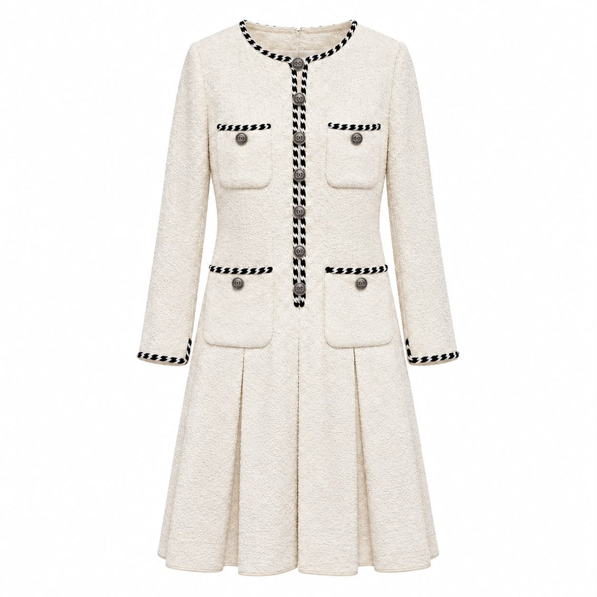 CHANEL - DRESS WHITE TWEED WITH CC LOGO BUTTONS SIZE 38 FR