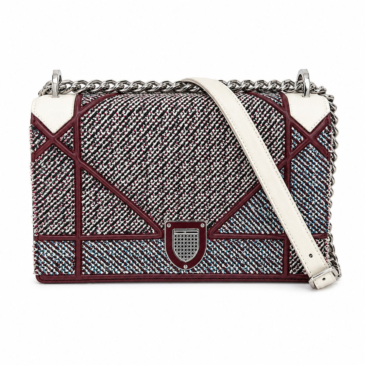 DIOR - BAG DIORAMA MEDIUM BURGUNDY TWEED AND LEATHER SILVER HARDWARE