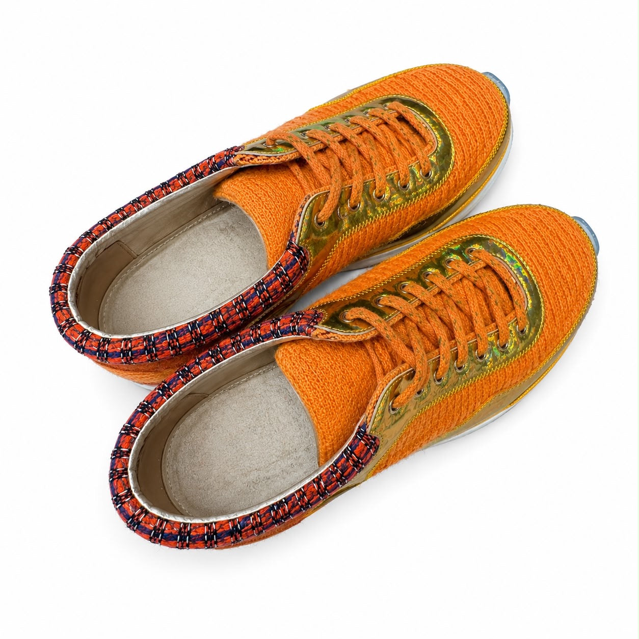CHANEL - SNEAKERS TWEED SUEDE & METALLIC LEATHER ORANGE GOLD SIZE 39 EU