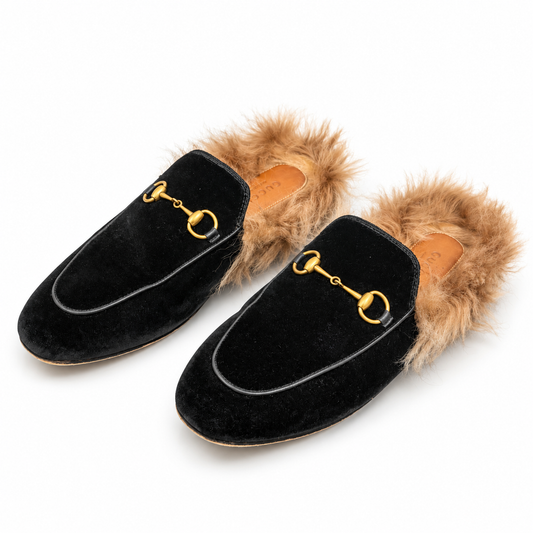 GUCCI - LOAFER PRINCETOWN BLACK VELVET FUR-LINED SIZE 38 EU