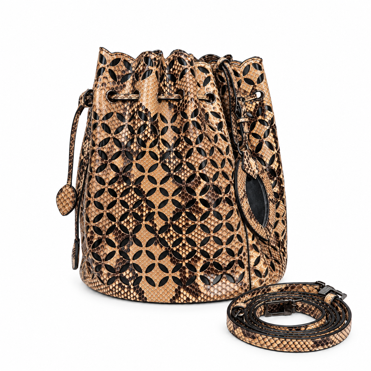 ALAÏA - BAG PYTHON BUCKET IN BLACK AND BROWN WITH STRAP