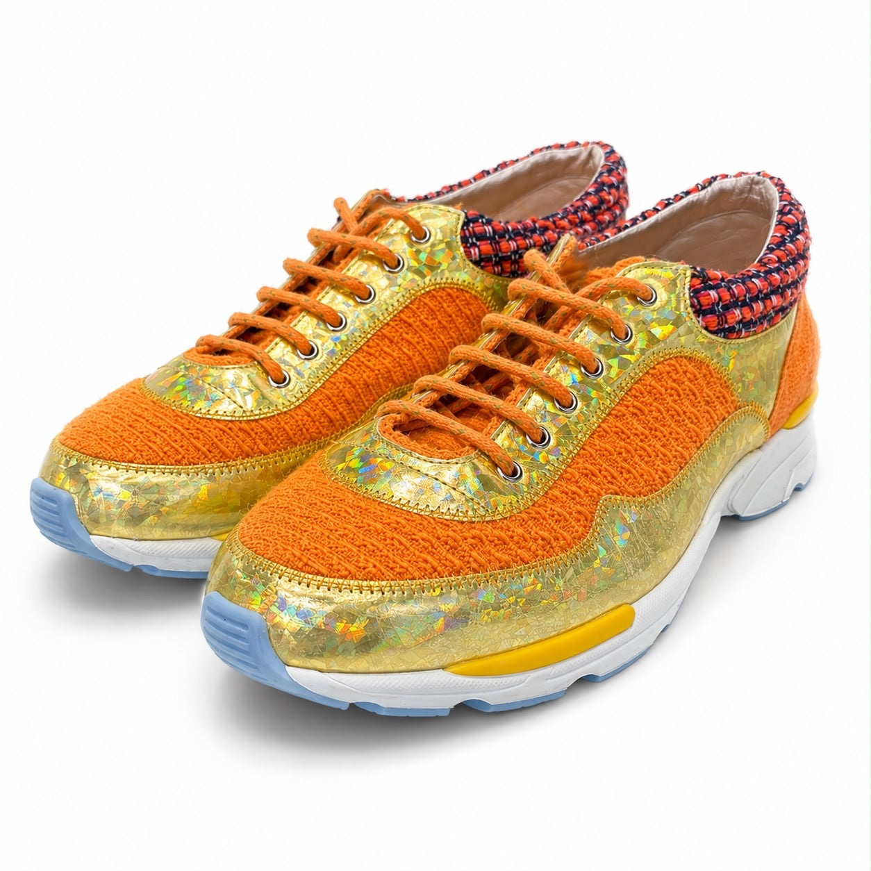 CHANEL - SNEAKERS TWEED SUEDE & METALLIC LEATHER ORANGE GOLD SIZE 39 EU