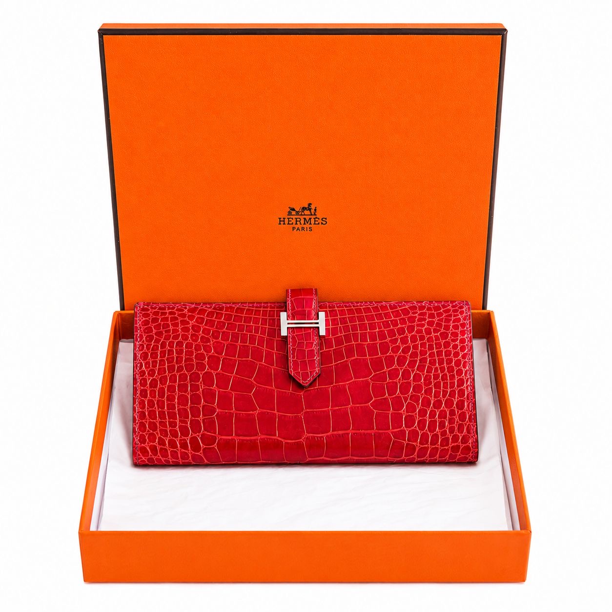 HERMÈS - WALLET BEARN RED ALLIGATOR LEATHER PALLADIUM HARDWARE