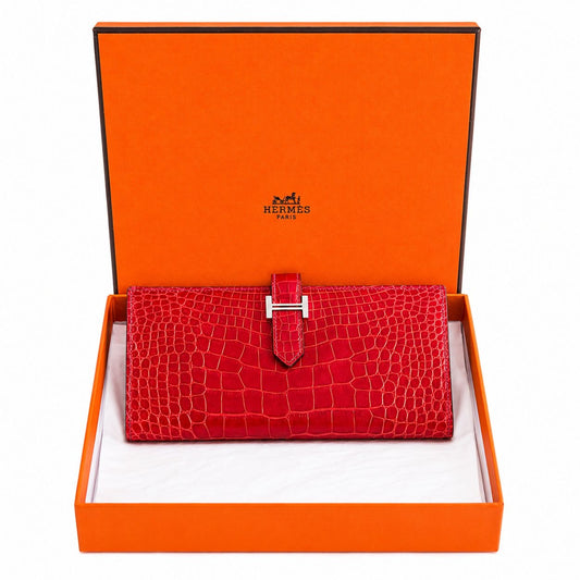 HERMÈS - WALLET BEARN RED ALLIGATOR LEATHER PALLADIUM HARDWARE