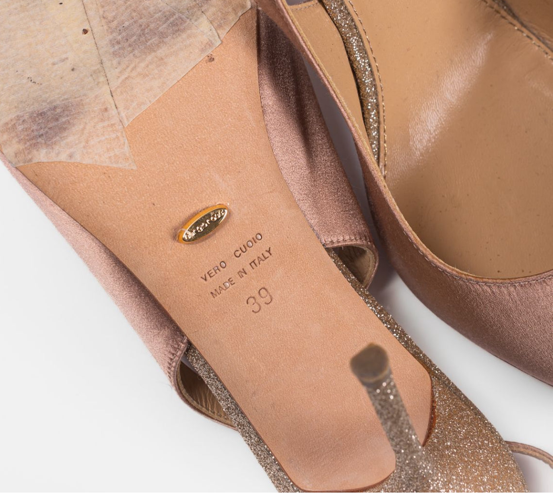 SERGIO ROSSI - HEELS SATIN PINK WITH GOLD TIP SIZE 39 EU