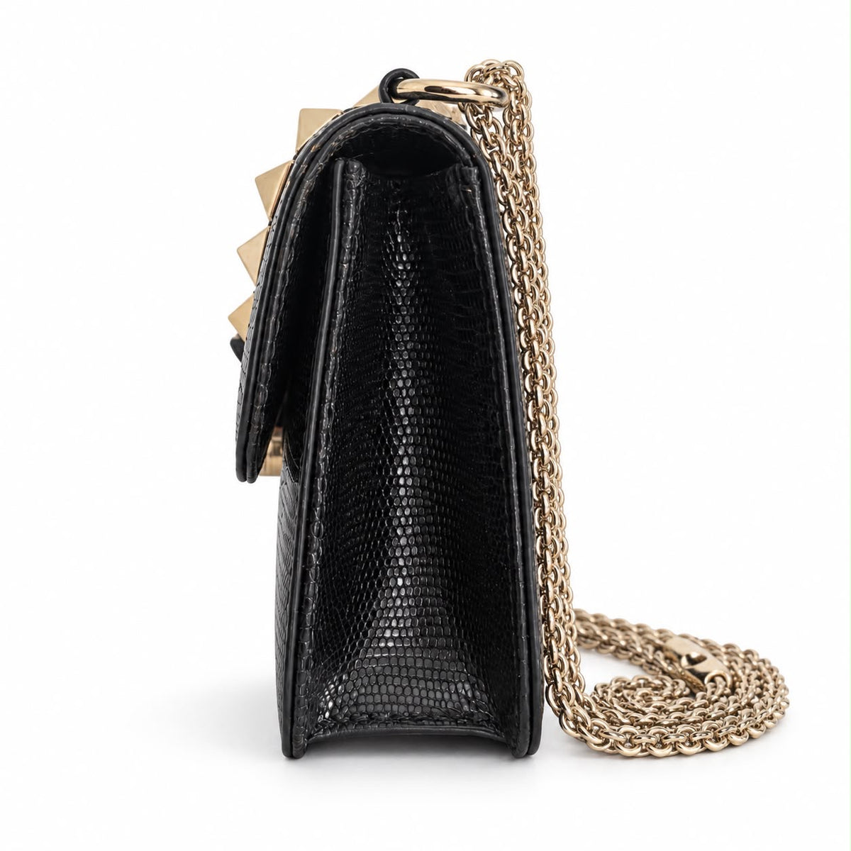 VALENTINO – ROCKSTUD GLAM LOCK BLACK LIZARD-EMBOSSED LEATHER SHOULDER BAG