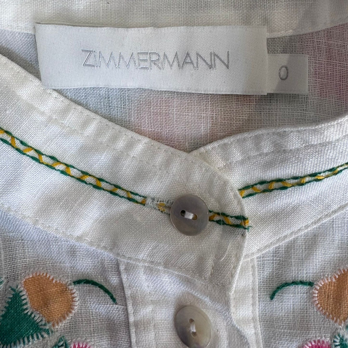 ZIMMERMANN - DRESS MINI LINEN WHITE WITH FLORAL EMBROIDERY SIZE 0
