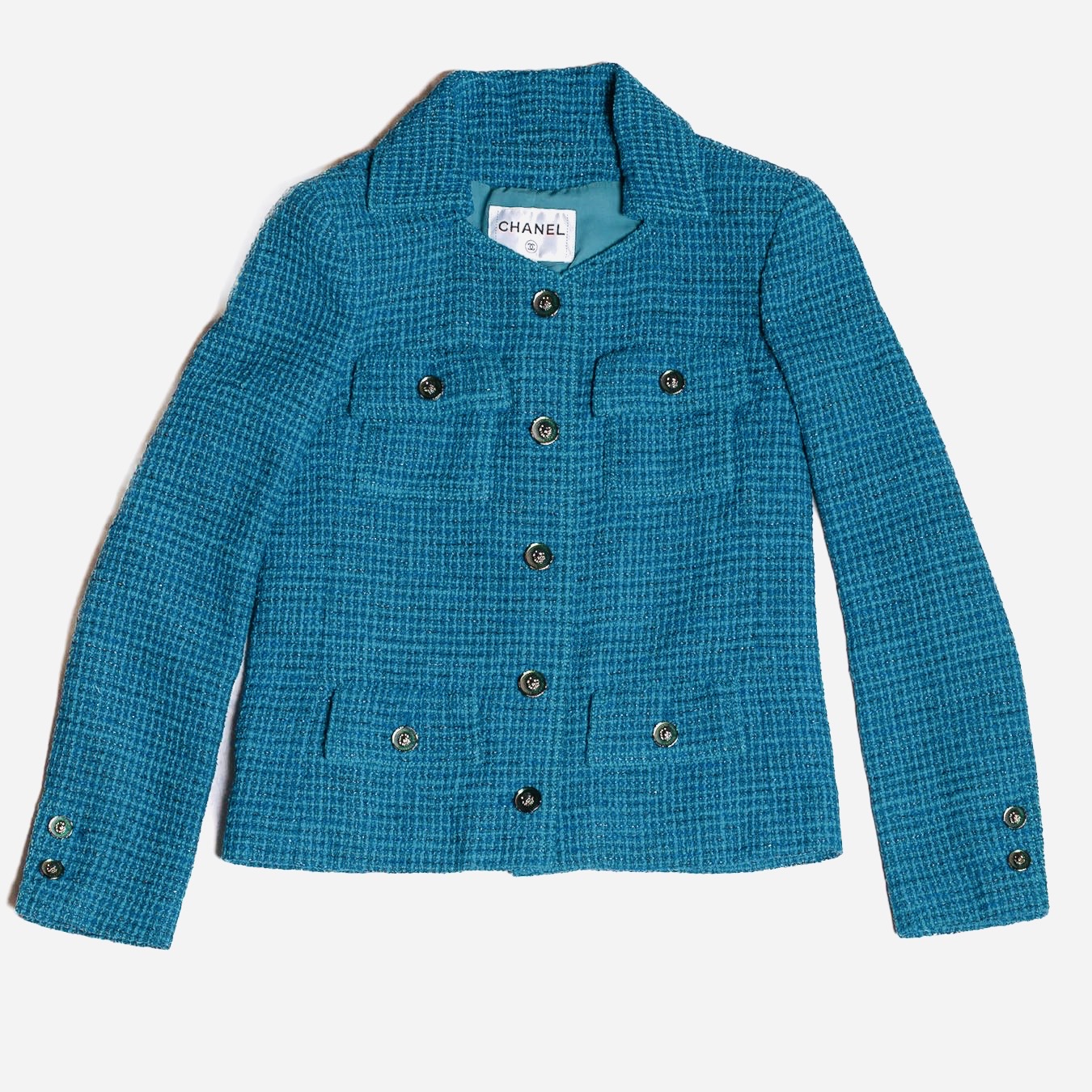 CHANEL - BLAZER TURQUOISE BLUE TWEED SIZE 38 FR