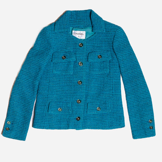 CHANEL - BLAZER TURQUOISE BLUE TWEED SIZE 38 FR