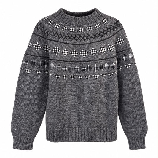 CHANEL - SWEATER GREY CASHMERE FAIR ISLE JACQUARD SIZE 36 FR