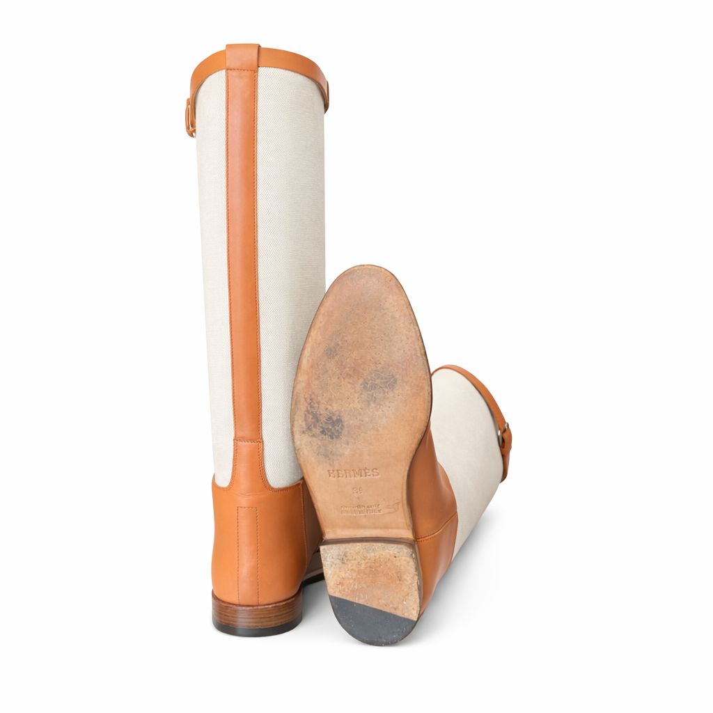 HERMÈS - HIGH BOOTS LEATHER AND CANVAS BROWN AND BEIGE SIZE 39 EU