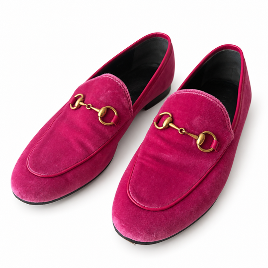GUCCI – PINK FUCHSIA VELVET HORSEBIT LOAFERS WITH GOLD-TONE HARDWARE SIZE 37 EU