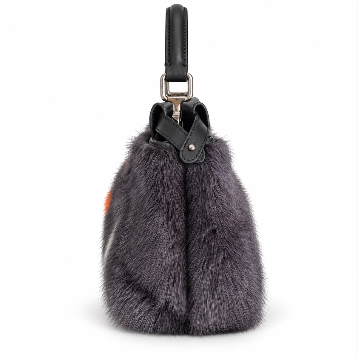 FENDI – BAG MINI PEEKABOO GREY FUR WITH ORANGE POLKA DOTS AND SILVER-TONE HARDWARE