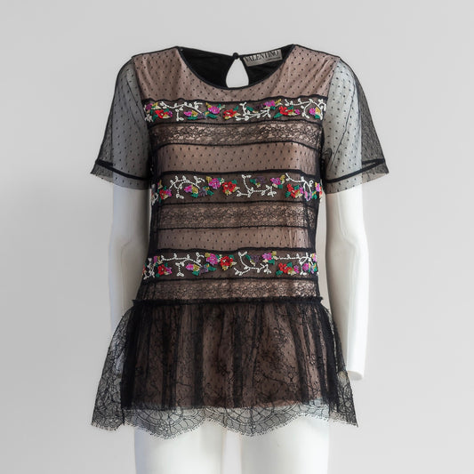 VALENTINO - SHIRT LACE AND BEADED FLORAL EMBROIDERY BLACK SIZE S
