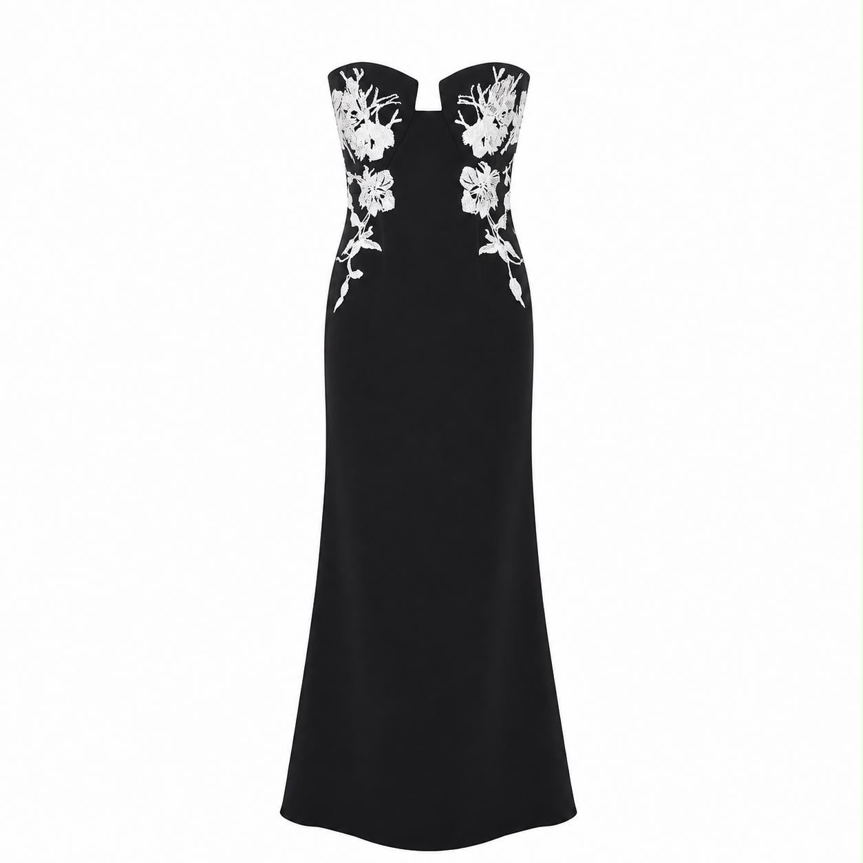 ELIE SAAB - DRESS MAXI BLACK WITH WHITE FLORAL EMBROIDERY SIZE 36 FR