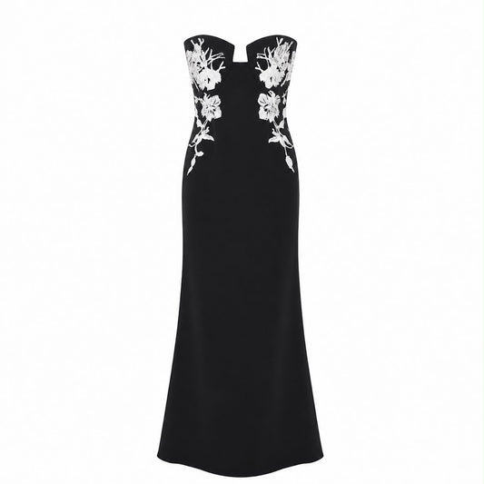 ELIE SAAB - DRESS MAXI BLACK WITH WHITE FLORAL EMBROIDERY SIZE 36 FR
