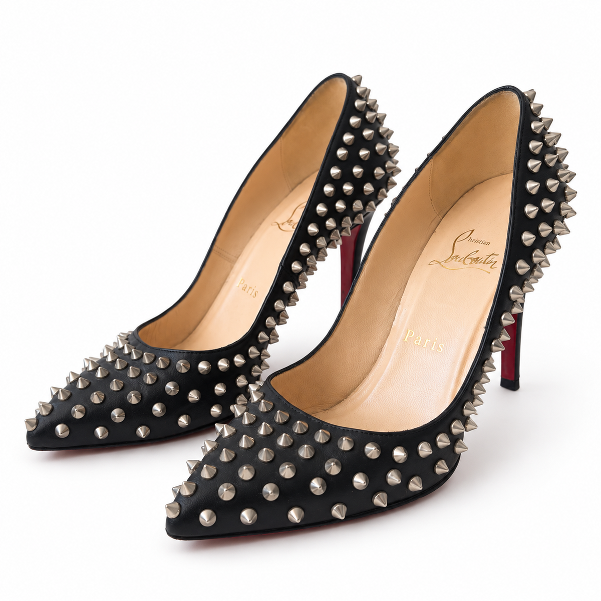 CHRISTIAN LOUBOUTIN – PUMPS PIGALLE SPIKES BLACK LEATHER WITH SILVER-TONE STUDS (SIZE 37 EU)
