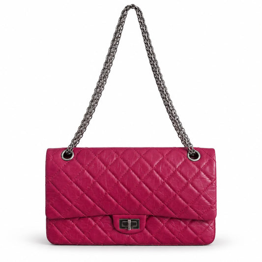 CHANEL - BAG 2.55 REISSUE DOUBLE FLAP IN MAGENTA RED QUILTED LEATHER WITH RUTHENIUM-TONE HARDWARE