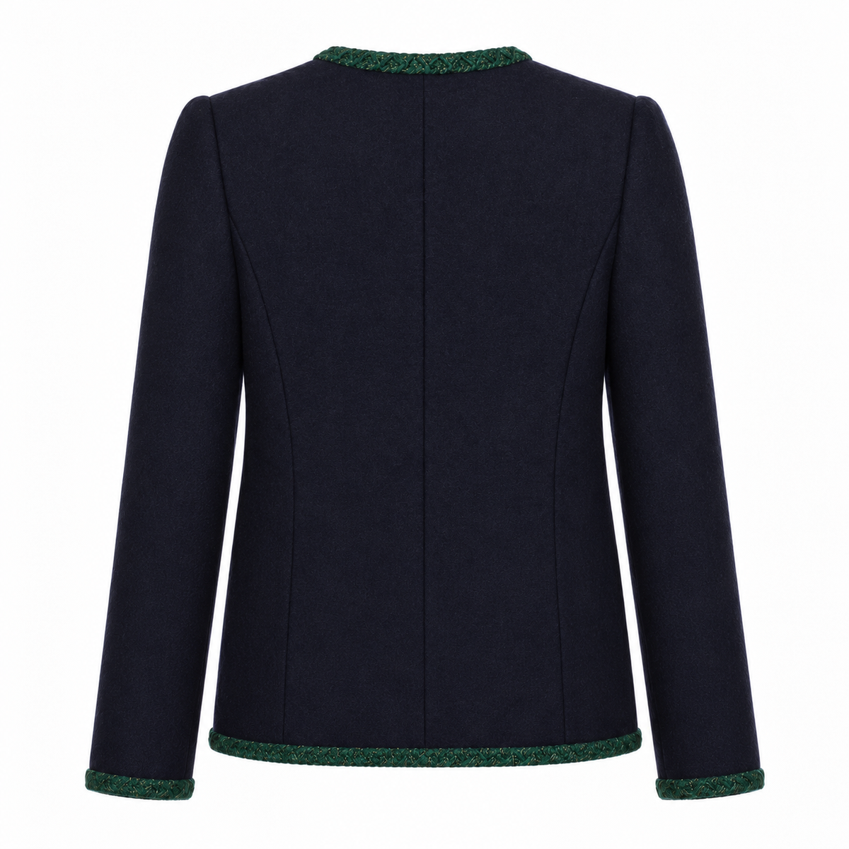 CHANEL - JACKET WOOL NAVY BLUE WITH GREEN BRAIDED TWEED TRIM SIZE 38 FR