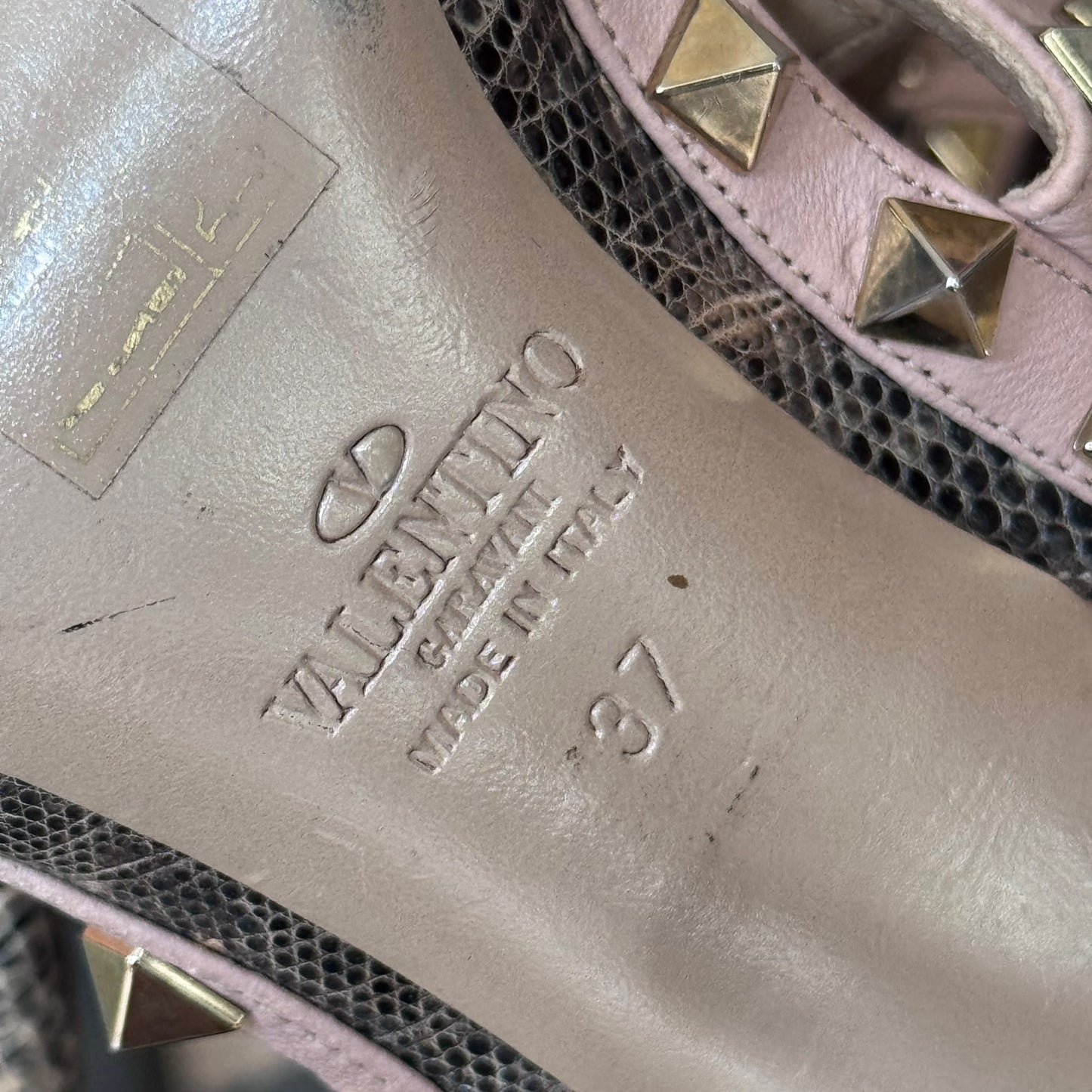 VALENTINO - PUMPS ROCKSTUD LIZARD LEATHER BEIGE & OLD ROSE SIZE 37 EU