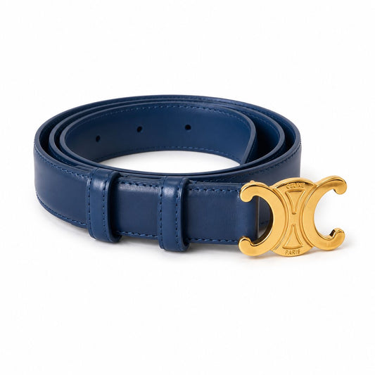 CÉLINE - BELT TRIOMPHE BLUE LEATHER GOLD-FINISHED BUCKLE SIZE 85