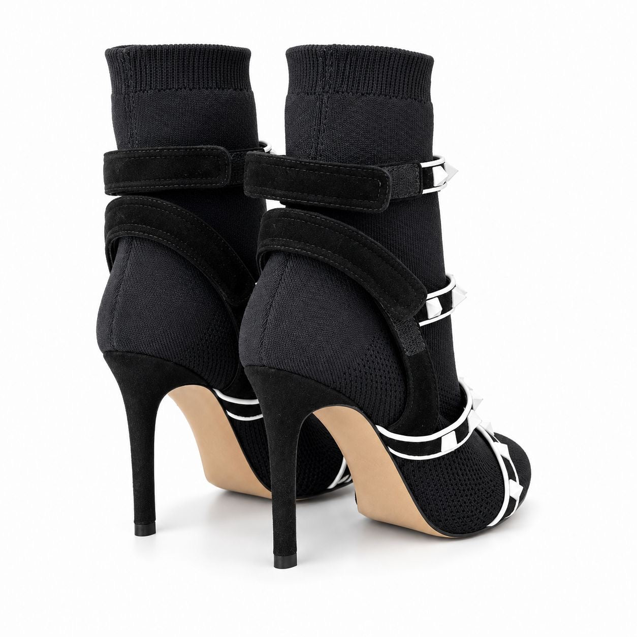 VALENTINO - ANKLE BOOTS ROCKSTUD STRETCH KNIT SOCK BLACK WITH WHITE STUDS SIZE 35 EU