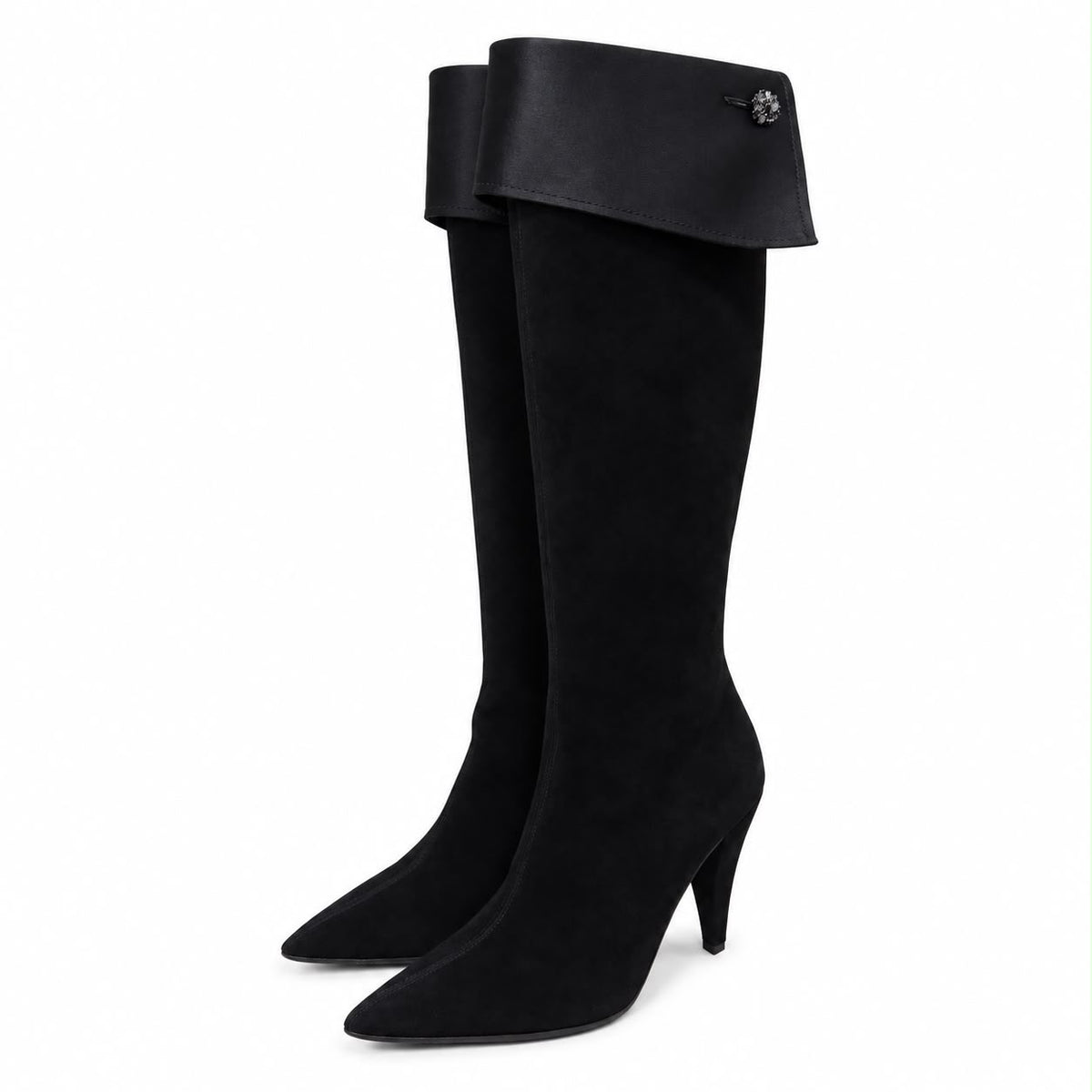 CASADEI - HIGH BOOTS SUEDE WITH SATIN CUFFS BLACK & JEWEL BUTTON DETAIL 37,5 EU
