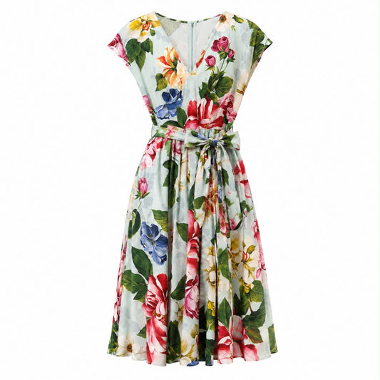 DOLCE & GABBANA - DRESS MIDI FLORAL PRINT COTTON POPLIN WITH BELT SIZE 48 IT