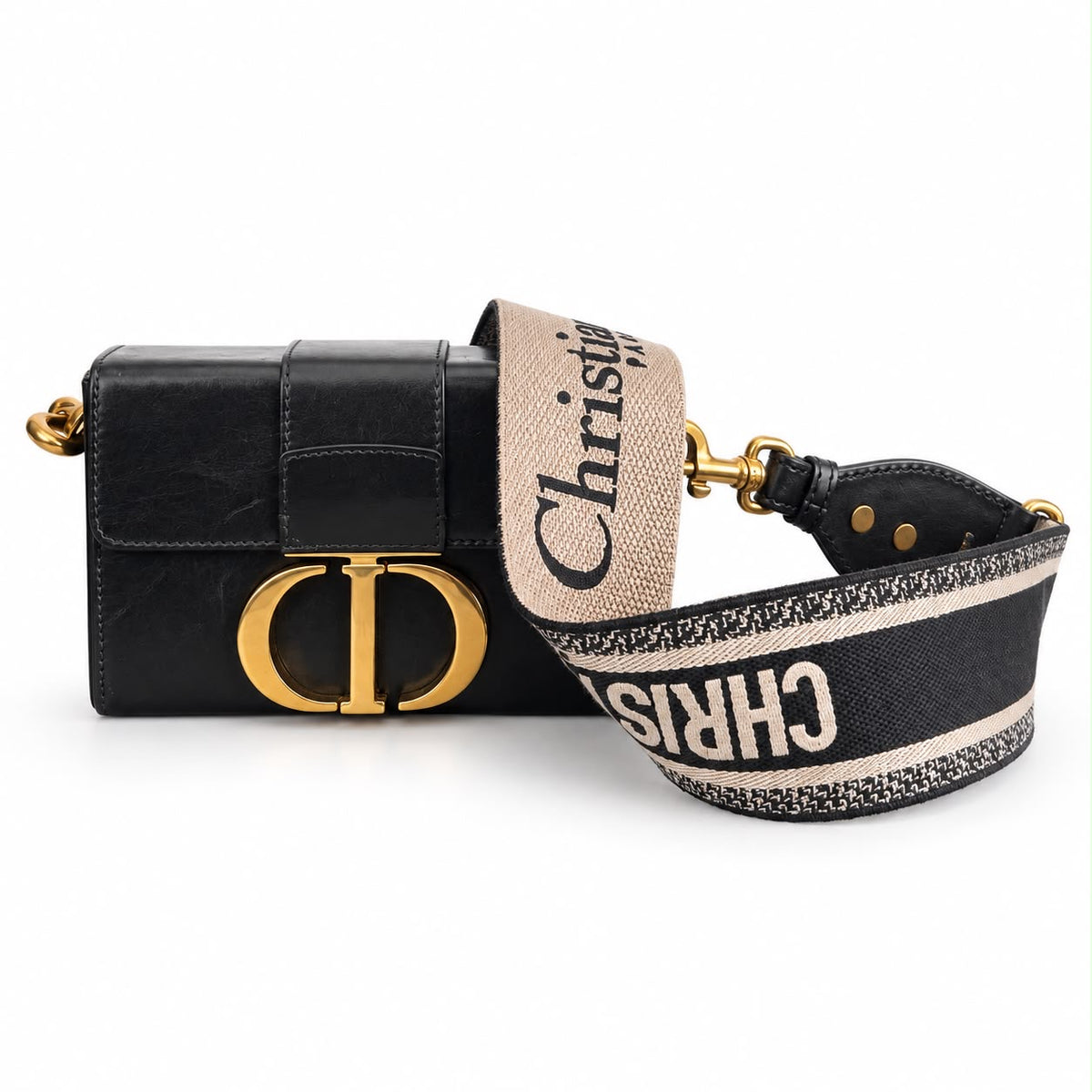 DIOR - BAG 30 MONTAIGNE BLACK LEATHER WITH OBLIQUE SHOULDER STRAP