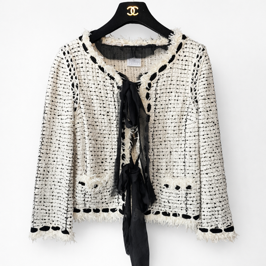 CHANEL - JACKET BLACK & WHITE TWEED SEQUINS SIZE 36 FR