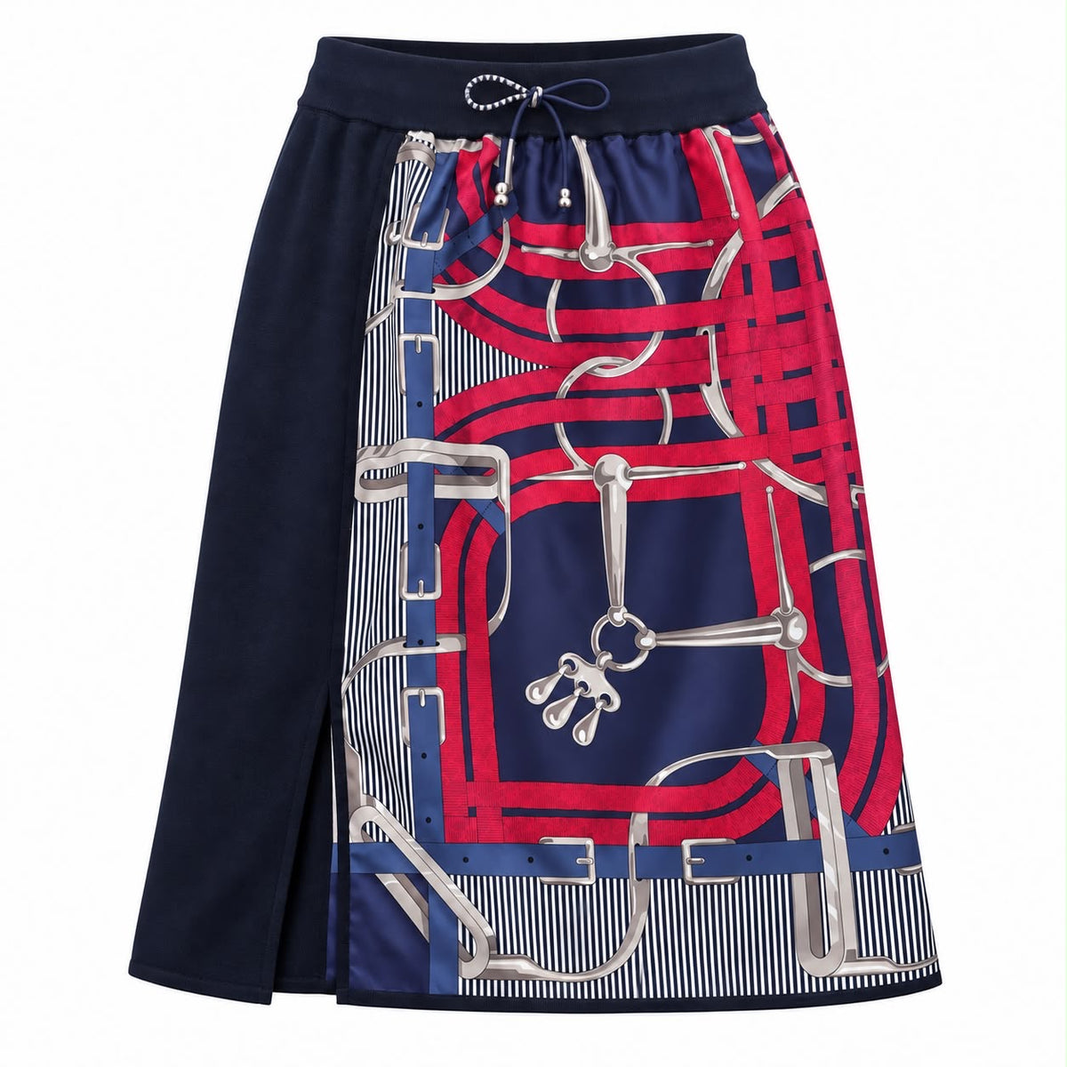 HERMÈS - SKIRT MIDI TWILLAINE NAVY BLUE SILK & WOOL MULTICOLOR EQUESTRIAN PRINT SIZE 44 FR