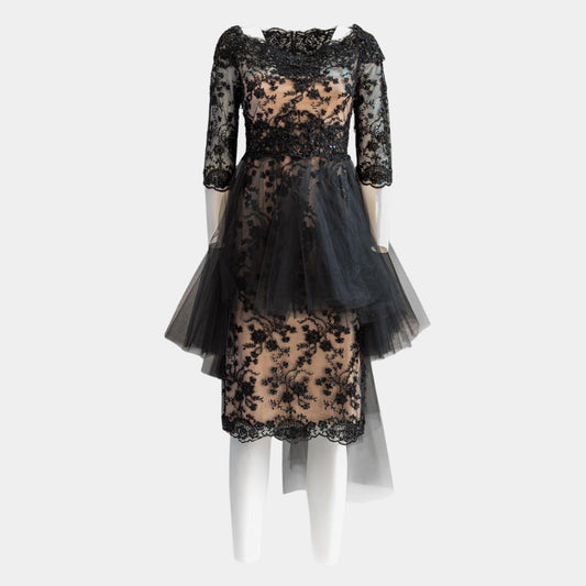 MARCHESA - DRESS MIDI EMBROIDERED BLACK SIZE 4