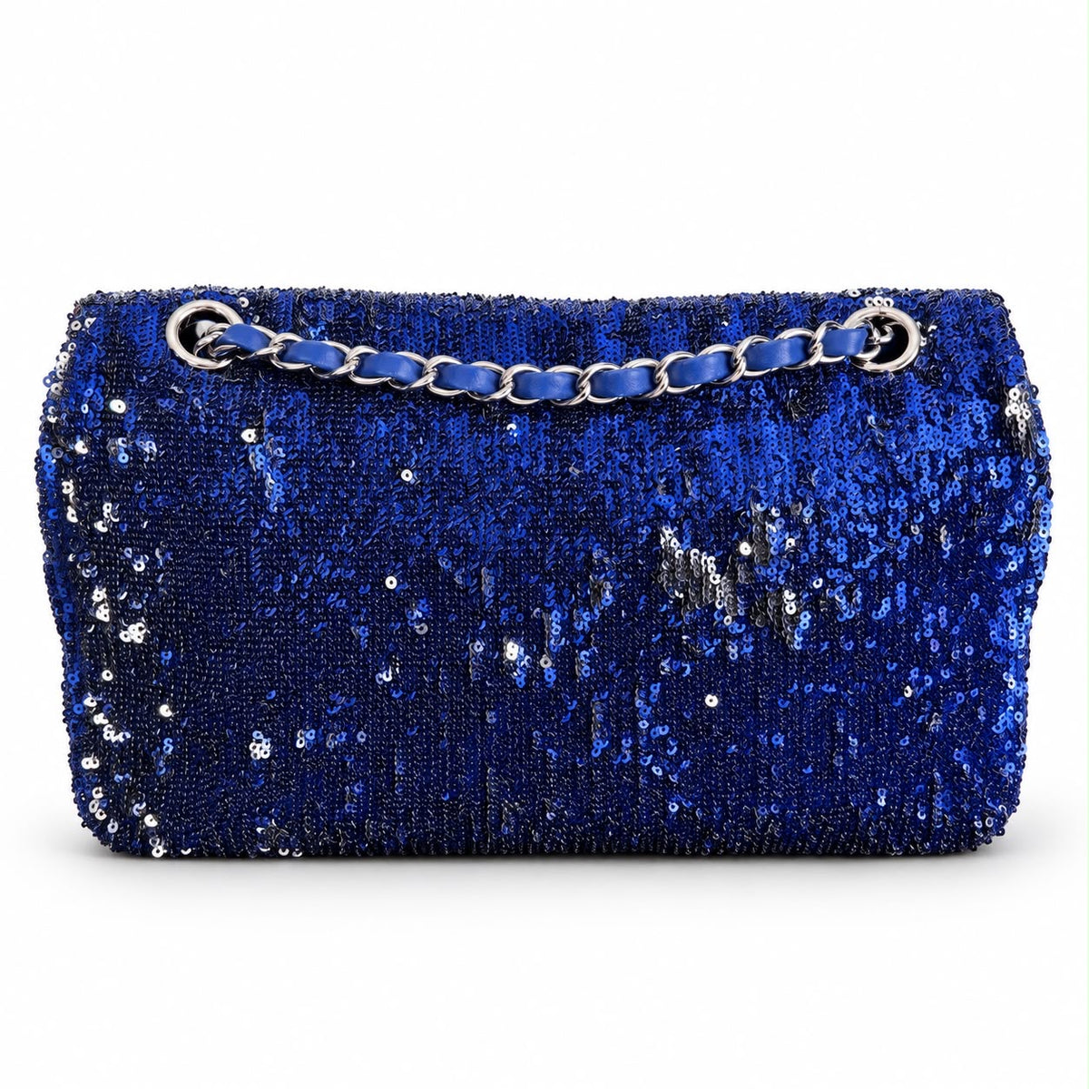 CHANEL - BAG CLASSIC SINGLE FLAP IN BLUE SEQUINS WITH SILVER TONE HARDWARE