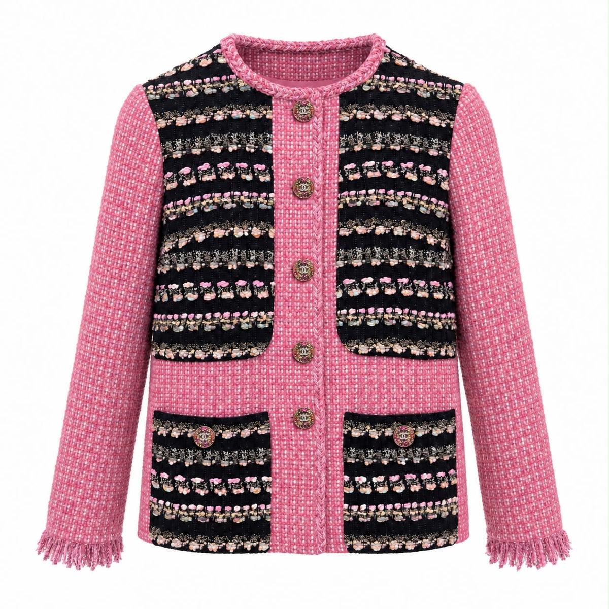 CHANEL – JACKET TWEED PINK & BLACK MULTICOLOR WITH JEWELED CC BUTTONS SIZE 34 FR