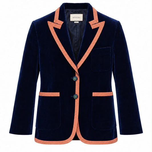 GUCCI - BLAZER NAVY BLUE VELVET WITH CORAL PINK TRIM & GG GREEN BUTTONS SIZE 40 IT