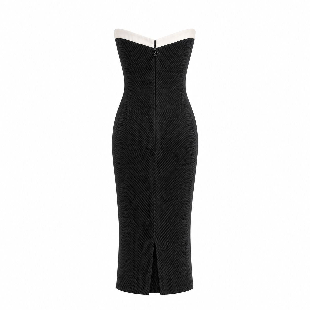 CHANEL - DRESS COCKTAIL BLACK WITH WHITE LEATHER TRIM SIZE 36 FR