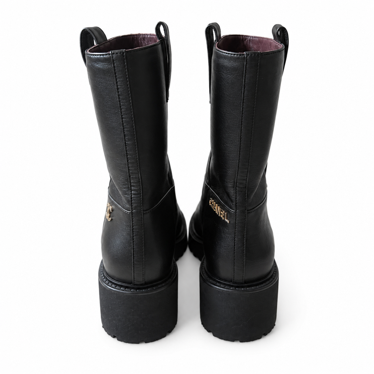CHANEL - BOOTS BLACK LEATHER CC SIGNATURE GOLD TONE LOGOS SIZE 37 EU