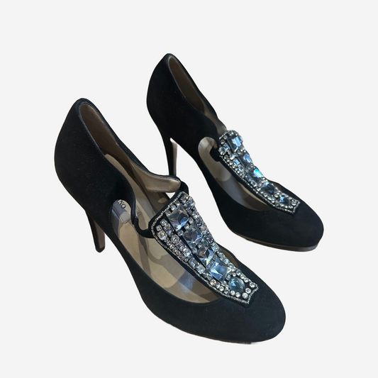 VALENTINO- PUMPS BLACK SUEDE WITH SILVER RHINESTONE EMBELLISHMENT SIZE 37,5 EU